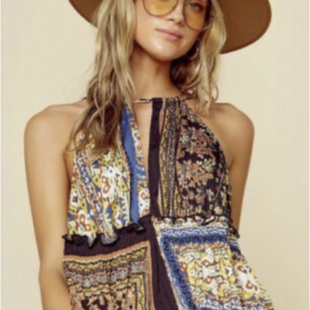 Free People Bellini Patchwork Halter Top-Black Combo Size Small